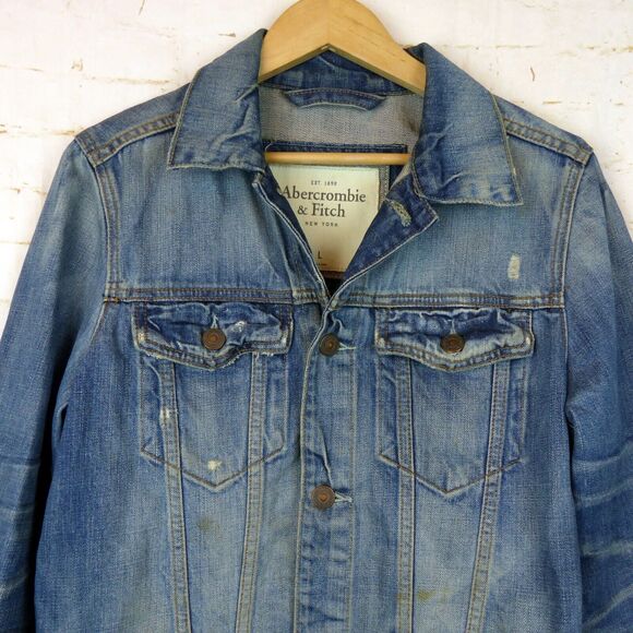 VTG Abercrombie & Fitch Trucker Jacket Men L Slim Blue Denim Wash Distress Y2K - Picture 5 of 14